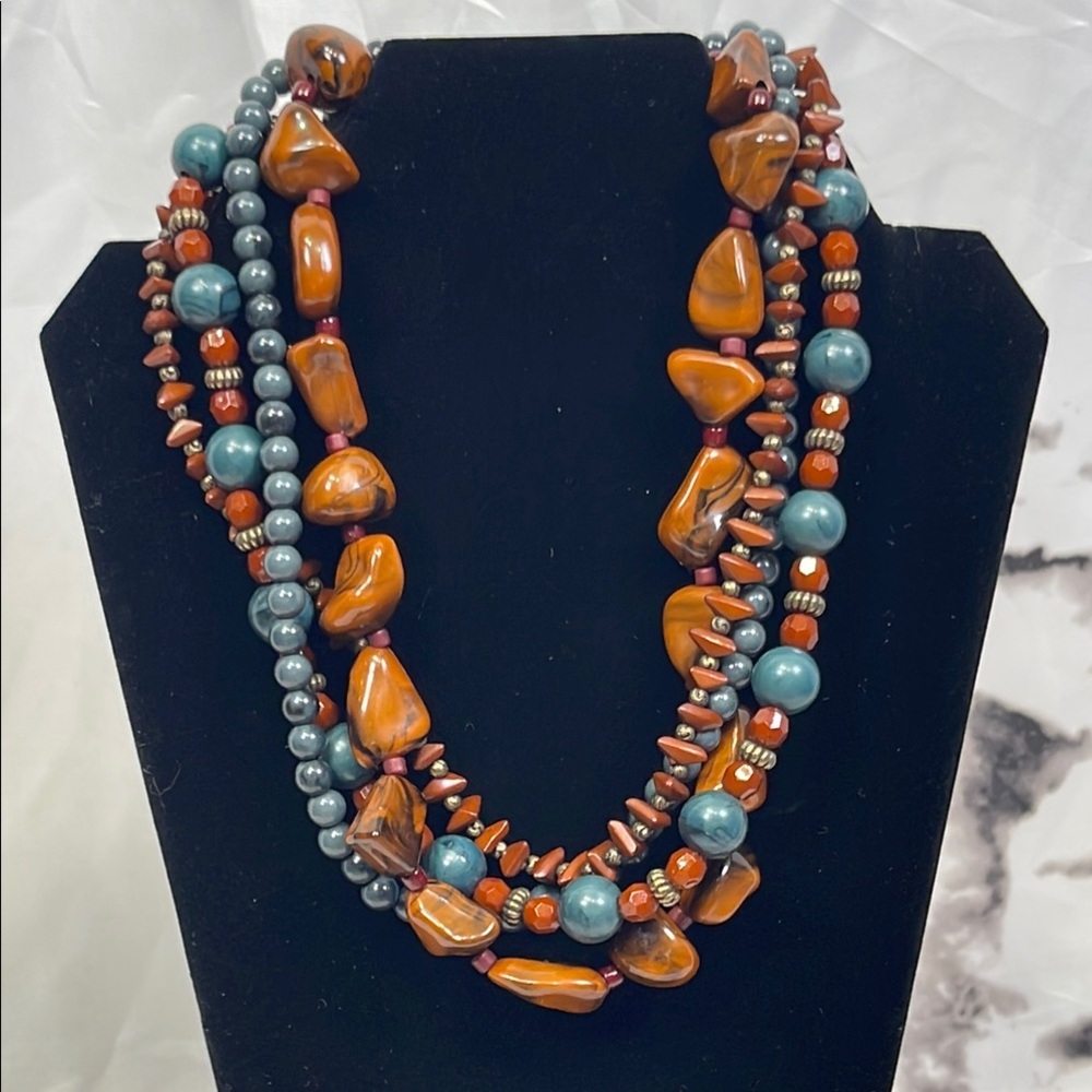 Esmor Bohemian Beaded Statement Necklace Earth Tones 4-Strand Stone & Beads